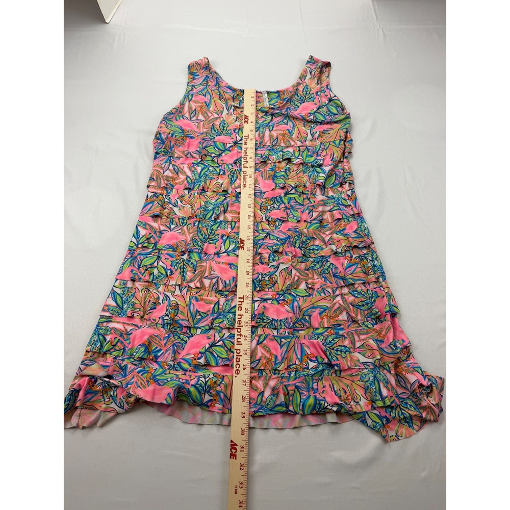 Bulu-Lulu Ruffle Tiered Dress Womens Large Pink Flamingo Tropical Sleeveless - Picture 6 of 12